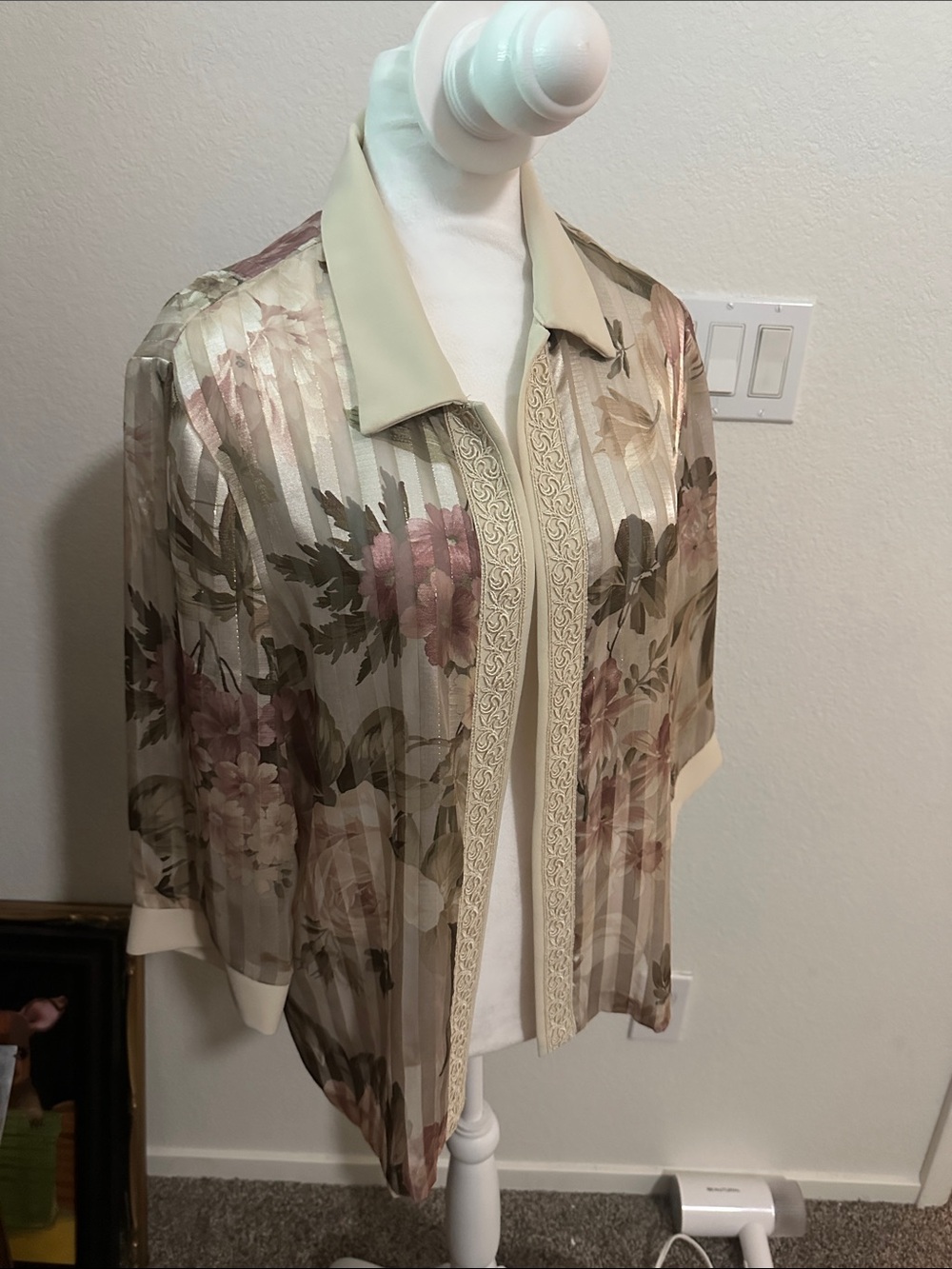 R&M Richards Sheer Floral Open Cape Jacket in Beige and Blush